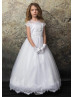 Beaded White Lace Tulle Flower Girl Dress With Scalloped Edge